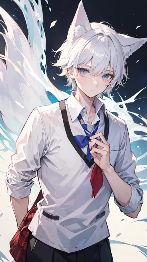 1boy, white hair, fox ear, wolf cut, medium hair, school uniform, looking at viewer