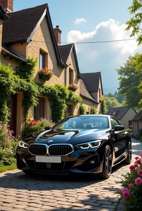 Black bmw gt car village background 