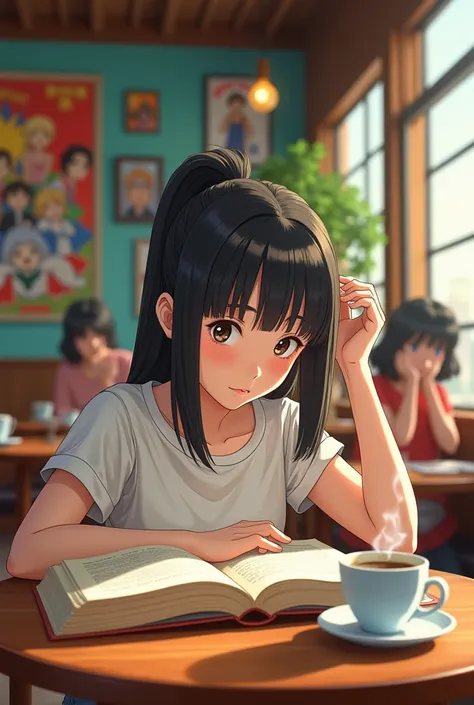 1 girl,tie a ponytail、Reading、80s anime style, coffee店,I&#39;m studying、People in the background、 coffee, retro, Low Fidelity