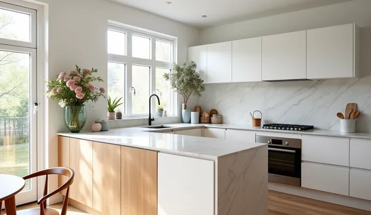 Editorial Style Photo, Eye Level, Scandinavian, Kitchen, Island, Marble and Wood, Appliances and Accessories, White with pops of pastels, IKEA, Natural Light, Stockholm, Midday, Fresh, Contemporary