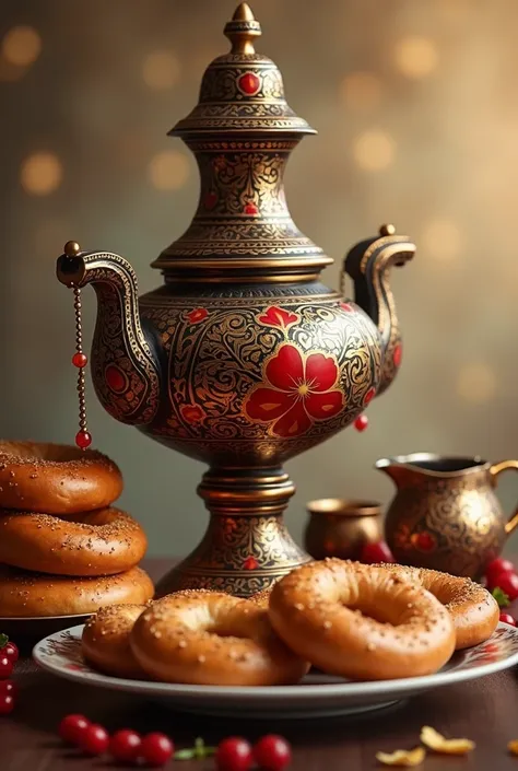 The Russian samovar is large in the center with a Khokhloma ornament and a hanging string of bagels., A plate with bagels next to it on a beige bokeh background photo, 4k