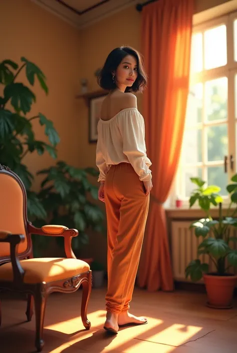 (photorealism:1.2),cute woman, standing by a chair, looking this way, wearing loose off-shoulder top, short pants, short straight hair, ballroom dance floor, soft lighting, plants and chairs in background, window with sunlight, cozy room, try to wear dance...