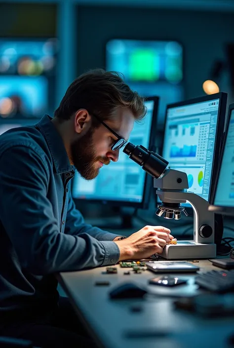 A bespectacled cell phone technician working with a microscope, Handsome computers and advanced equipment with adequate lighting