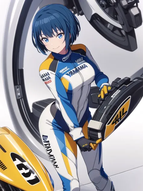 (Highest quality, 4K, 8k, High resolution, masterpiece:1.2), Very detailed, Picturesque, Anime-style photos, Photo Animation:1.37)，Japanese，(Blue Hair)，(Pixie Cut)，(((Pixel Perfect, Perfect in every detail))), One person, Haruka Kiritani, MotoGP Gear, elbo...