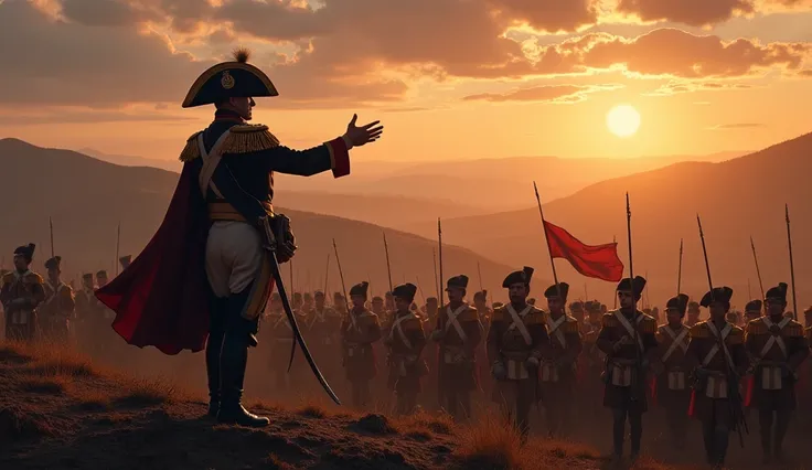 Napoleon addressing his troops before the Battle of Austerlitz, with his soldiers listening intently, their faces filled with determination."