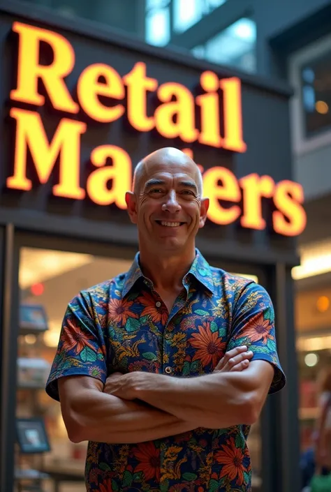 Make Jeff Bezzos the owner of Amazon wearing a Colombian shirt and have a sign above him with the word Retail Masters in 3D