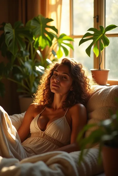 (photorealism:1.2), beautiful woman, naked, long curly hair, soft lighting, plants in background, window with sunlight, cozy room, relaxed pose, realistic, intricate details, warm colors