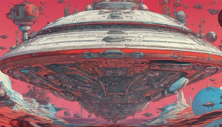 A starship of Royalpunk style,very intricate details, aesthetic.The ship is adorned + gold royalistic ambiance, crimson red gears, levers, exact patterns, contrasting + its metallic crimson body.Background has stars, ships, & gigantic Earth-type planet.750...