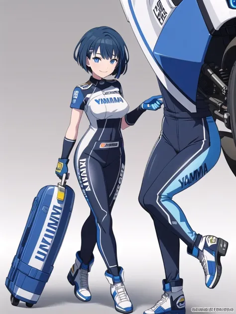 (Highest quality, 4K, 8k, High resolution, masterpiece:1.2), Very detailed, Picturesque, Anime-style photos, Photo Animation:1.37)，Japanese，(Blue Hair)，(Pixie Cut)，(((Pixel Perfect, Perfect in every detail))), One person, Haruka Kiritani, MotoGP Gear, elbo...