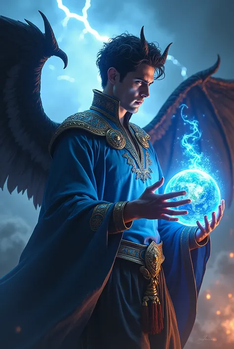 Create a handsome character with destructive eyes that shoot blue flames, holding the earth in his hand with an angry expression, wearing the clothes of an almighty god with devil wings. 