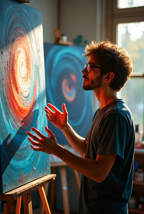 A young man(paintar )seriously explaining image