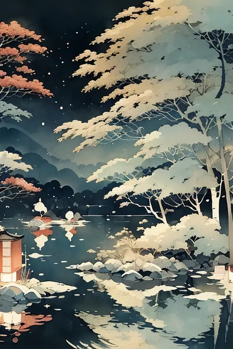 (best quality,ukiyo-e bonito:1.2),lua,corujas albinas nas arvores,serene moonlit night,traditional Japanese art style,breathtaking natural beauty,subtle color palette,ethereal lighting