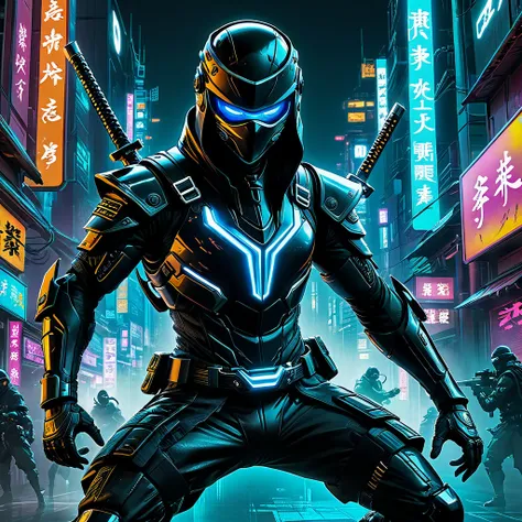 Imagine a cyberpunk-style city with a ninja character dressed in black cyber gear. They are equipped with advanced ninja tools, such as a sharp sword and shurikens, along with a bionic arm and cyber implants. The character remains constantly vigilant, show...