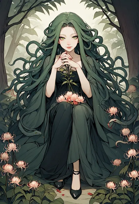 "detailed features" , "detailed eyes" , "1women, "medusa" , "snake hair" , "beautiful" , slit snake eyes" , "dangerous" , "Greek black dress", "lips slightly parted" , "full body" , "garden background" , "sitting in flowers" , "smelling a flower" , Smiling...