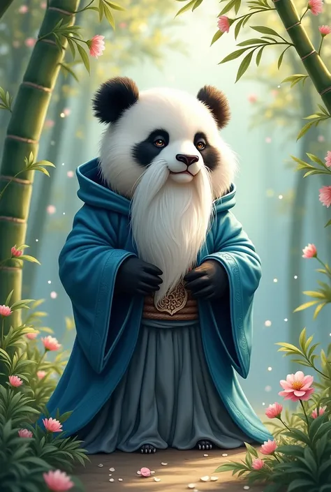 an old panda full of wisdom,with a beard and wearing a blue wizards robe that covers his head,One eye closed,Release magical energy,Cute realistic style,Chinese style in the background