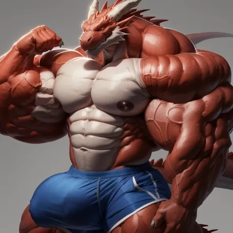 hyper growth, Hyper Muscles, Muscular, Big Muscles, exaggeratedly huge Bulge, hyper muscles, furry growth, a dragon, cute red dragon, shirtless, wearing white shorts, exaggeratedly muscular, exaggeratedly huge muscles, exaggeratedly huge biceps and arms, o...