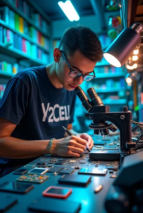 A bespectacled cell phone technician working with a microscope, computer,He solders with advanced equipment and wears a shirt that says Y2Cell.