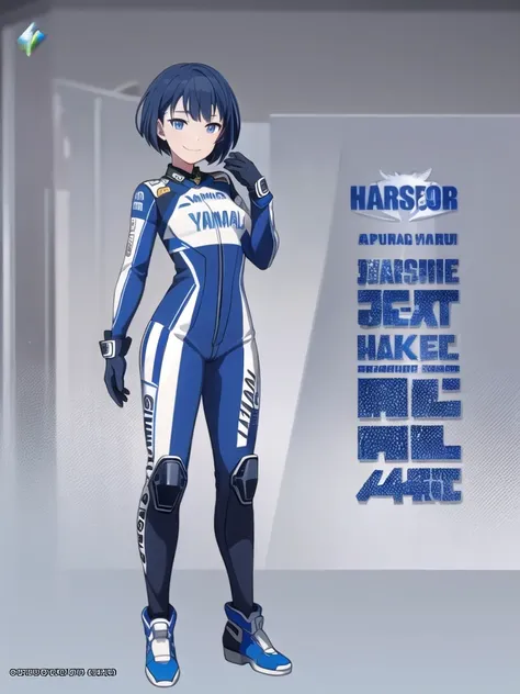 (Highest quality, 4K, 8k, High resolution, masterpiece:1.2), Very detailed, Picturesque, Anime style photo, Photo Animation:1.37)，Japanese，(Blue Hair)，(Pixie Cut)，(((Pixel Perfect, Perfect in every detail))), One person, Haruka Kiritani, MotoGP Gear, elbow...