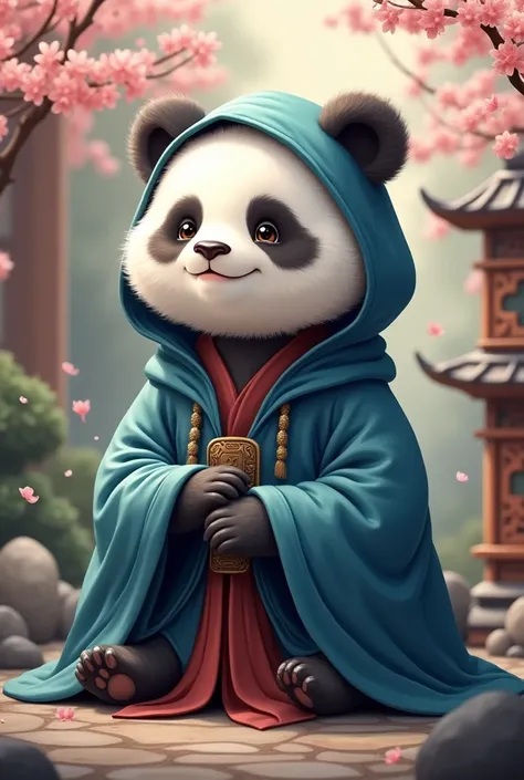 an old panda full of wisdom,One eye closed,with a beard and wearing a blue wizards robe that covers his head,Release magical energy,Cute realistic style,Chinese style in the background