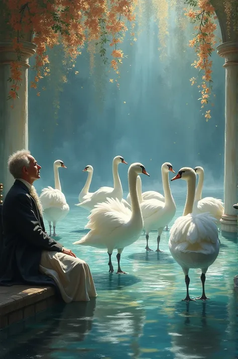 An artistic representation of a ballet with swans, including a photo or illustration of Pyotr Ilyich Tchaikovsky.