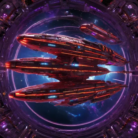 A starship of Royalpunk style,very intricate red details, aesthetic.The ship is adorned + purple royalistic ambiance, gears, levers, exact patterns, contrasting + its metallic gold body.Background has stars, ships, & gigantic Earth-type planet.750k UHD 4D....