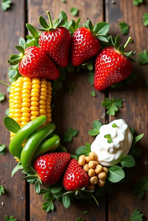 the letter "C" made of various food