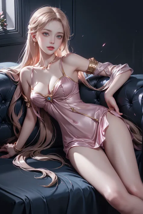 （(Girl lying in bed))、A beautiful and moving woman, in an elegant pose, her full breasts on display.，Visible cleavage，Sexy long legs，Her long hair cascades down her shoulders like a waterfall。She smiles radiantly，Eyes sparkle，Her skin is flawless。Her curve...