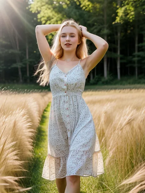 woman, young, blonde, pale skin, wearing a light summer dress, fit, athletic, field of tall grass, trees in background, dancing ...