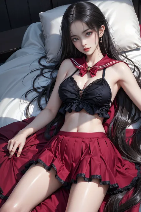 rebellion,red_skirt, school uniform, black_Good, underwear,lingerie,midriff,red_sailor_collar,（(Girl lying in bed))、A beautiful and moving woman, in an elegant pose, her full breasts on display.，Visible cleavage，Sexy long legs，Her long hair cascades down h...