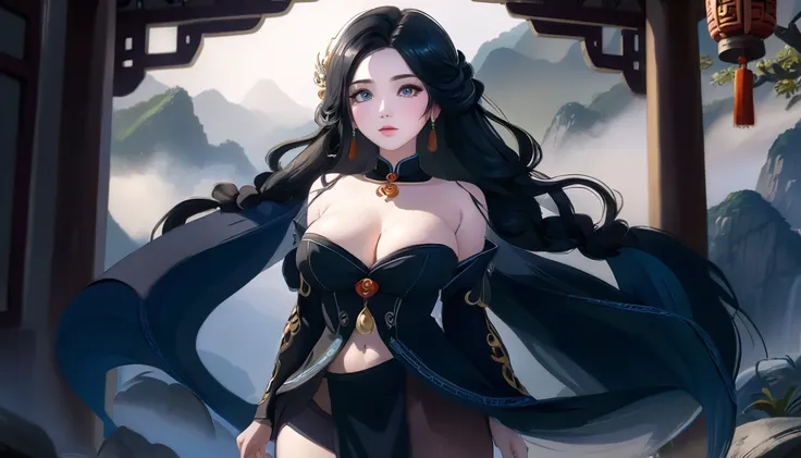 high quality,HD,16K,Sharp Line,1 Girl,fantasy, （Fire Spirits）,Pretty Face, Large Breasts, Beautiful legs,In the mountains,Focus Girl,detailed Pretty Face,Detailed clothes,beautiful eyes,Cool,Sexy,Dynamic Angle,穿着华服的神明Strike a pose拍照, Ancient mysterious sex...