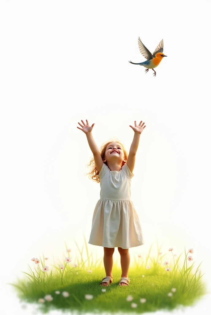 White background,cute  standing on grass,rais her hands to liitle bird,cute liitle bird flying 