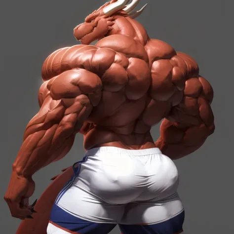 hyper growth, Hyper Muscles, Muscular, Big Muscles, exaggeratedly huge Bulge, hyper muscles, furry growth, a dragon, cute red dragon, shirtless, wearing white shorts, exaggeratedly muscular, exaggeratedly huge muscles, exaggeratedly huge biceps and arms, e...