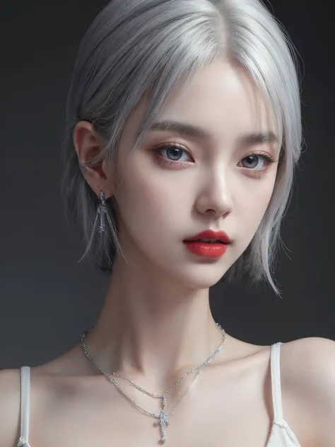 very cool,One person,jewelry,Multicolored Hair,Silver Hair,Gray Hair,alone,necklace,short hair,Upper Body,Earrings,Red lips,avert your eyes,Exposing shoulders,Look to the side,compensate,lipstick,, Highest quality , masterpiece, figure, Very delicate and b...