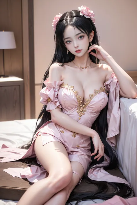 （(Girl lying in bed))、A beautiful and moving woman, in an elegant pose, her full breasts on display.，Visible cleavage，Sexy long legs，Variety of slim and cute beauties, Her long hair cascades down her shoulders like a waterfall。She smiles radiantly，Eyes spa...