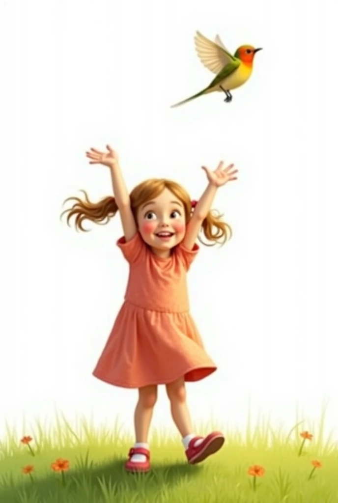 White background,cute  standing on grass,rais her hands to liitle bird,cute liitle bird flying 