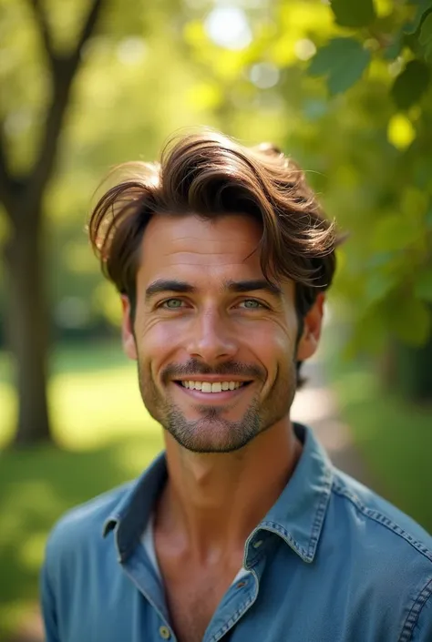 Handsome man 25-35 years old, in the Park, Meeräsche, Brown hair,no beard,close up shot, Satellite image, Contre-Jour, uhd, good quality, best quality, highres, 8k, 16K