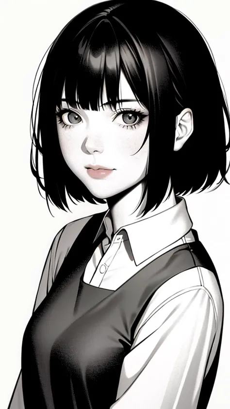 1girl, solo, monochrome, greyscale, short black hair, portrait, shirt, closed mouth, looking at viewer, sketch, graphite (medium), small lips, hatching (texture), without makeup, bangs, upper body,