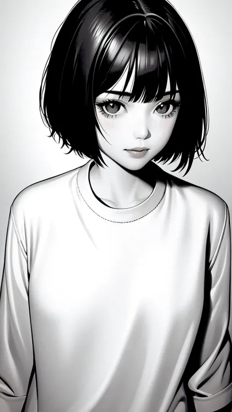 1girl, solo, monochrome, greyscale, short black hair, portrait, shirt, closed mouth, looking at viewer, sketch, graphite (medium), small lips, hatching (texture), without makeup, bangs, upper body, sharp eyes, 