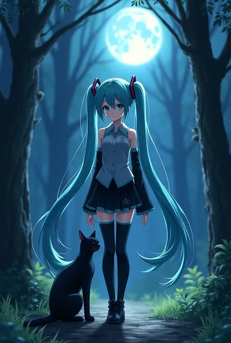 Anime art, anime style, detailed drawing, forest background, high definition, high quality, one girl, solo, Hatsune Miku, aqua hair, twin tails, headphones, number tattoo "01" (red colored number tattoo, located on her right hand), grey sleeveless collared...