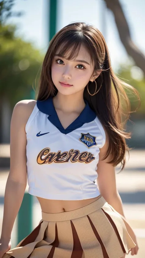 masterpiece, Highest quality, Very detailed, High resolution, (Realistic, photoRealistic:1.37), Excellent anatomy, One beautiful woman, Cheerleader, A small smile, cheer leading, Cheerleader uniform, (shape), Micro Pleated Mini Skirt, ((Very delicate and b...