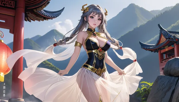 high quality,HD,16K,Sharp Line,1 Girl,fantasy, （Fire Spirits）,Pretty Face, Large Breasts, Beautiful legs,In the mountains,Focus Girl,detailed Pretty Face,Detailed clothes,beautiful eyes,Cool,Sexy,Dynamic Angle,穿着华服的神明Strike a pose拍照, Ancient mysterious sex...