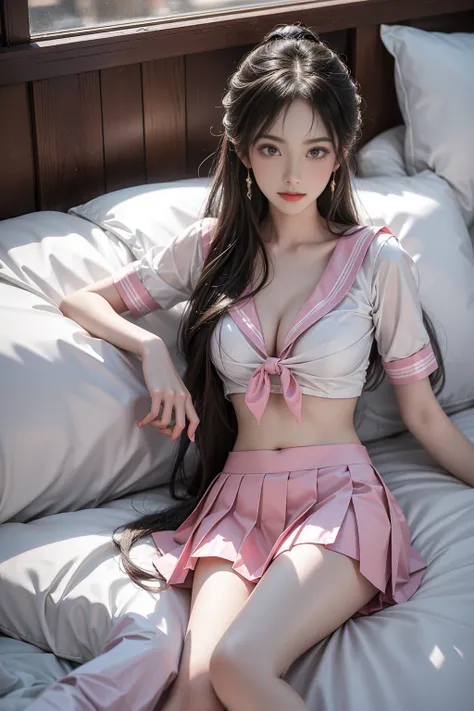 qingquxiaofu
school uniform, serafuku, crop top, pleated skirt,miniskirt,（(Girl lying in bed))、A beautiful and moving woman, in an elegant pose, her full breasts on display.，Visible cleavage，Sexy long legs，Variety of slim and cute beauties, Her long hair c...