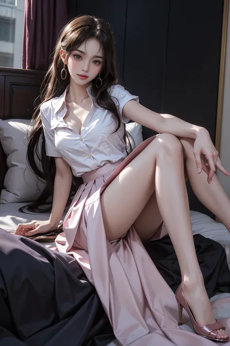 xiaofu, school uniform,collared shirt, pleated skirt,（(Girl lying in bed))、A beautiful and moving woman, in an elegant pose, her full breasts on display.，Visible cleavage，Sexy long legs，Variety of slim and cute beauties, Her long hair cascades down her sho...