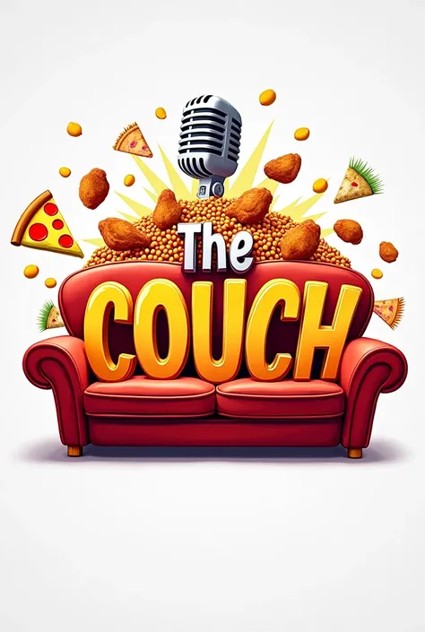 a logo for a talk show called "the couch". which has food games and trivaias. the logo should include a couch, elements of food and a microphone. make it fun and bouncy abd interactive. put more creative effort into the infusion of the elemengs of food and...