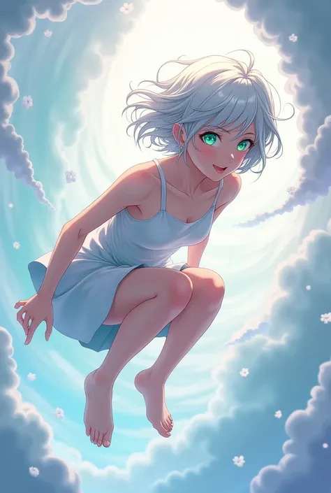 anime style, young adult woman, with the right eye blue and the left eye green, short white hair.
 The woman is in a floating position..
 The figure is in a hunched pose, with legs bent towards the torso and arms slightly extended, as if it were falling. T...