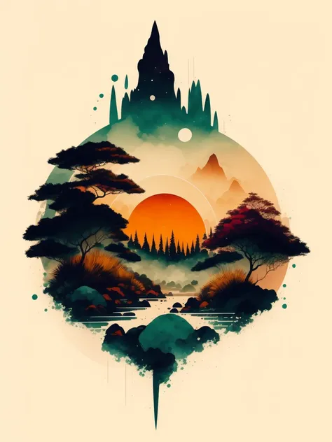 Jesus planeta terra, Arte da camiseta 2D, a beautiful place with lots of trees, epic illustration, Vetor, 2d illustration, fundo claro, muito colorido, cores modernas full gradient, focado, vista frontal