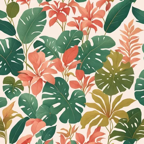 Botanical print, pastel beige, pale pink, tropical plants