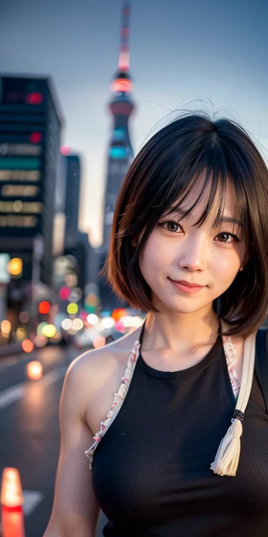 One person, Tokyo Street,night, Cityscape,City lights,Upper Body,close,smile,, (8k, RAW Photos, Highest quality, masterpiece:1.2),(Realistic, photo-Realistic:1.37),