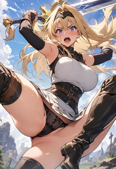 Ultra-high definition image quality、beautiful girl、Female Swordsman、Light armor、Greeboots、Long Hair、blonde、20-year-old、intimidating face、Very short tight skirt、Cowgirl、wilderness、Highest quality,Big Ass、Big Breasts、Thighs、Holy Sword Excalibur、Black panties...