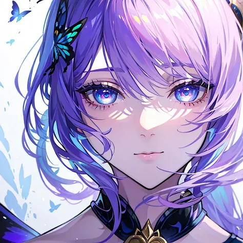 a photorealistic, highly detailed portrait of a young woman with one gold eye and one blue eye, wearing a butterfly wing mask over her eyes, dressed in a purple uniform, with long white hair, (best quality, 4k, 8k, highres, masterpiece:1.2), ultra-detailed...